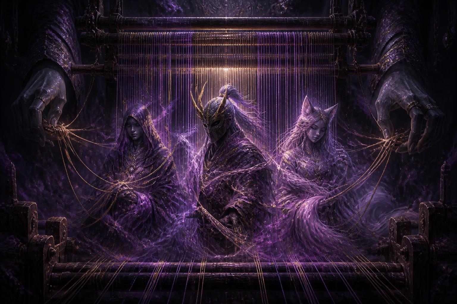 A mystical loom weaving glowing violet threads into three spirit figures